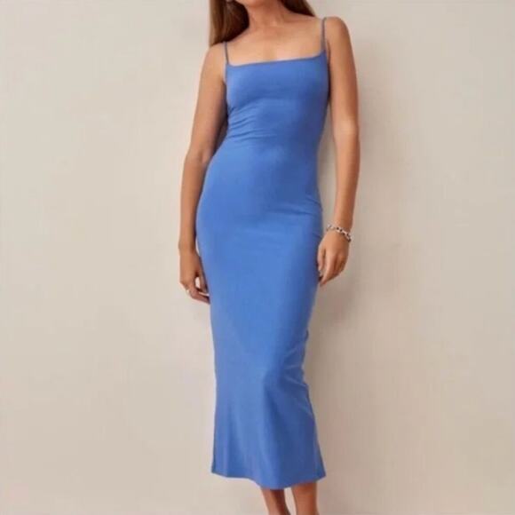 Reformation Ribbed Knit Midi Dress with Spaghetti Straps Stretch Blue Size Large - Picture 1 of 6